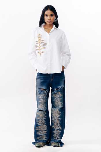 Buy_AK-OK_White Cotton Collared Neck Printed Patchwork Shirt 