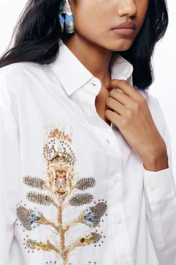 Shop_AK-OK_White Cotton Collared Neck Printed Patchwork Shirt 