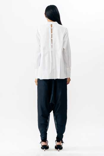 Shop_AK-OK_White Cotton Mandarin Collar Strap Detail Shirt _at_Aza_Fashions