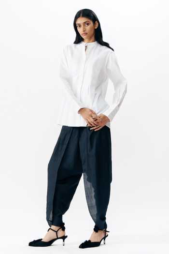 AK-OK_White Cotton Mandarin Collar Strap Detail Shirt _Online_at_Aza_Fashions