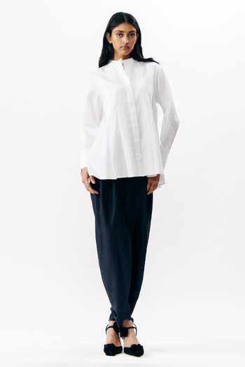 Buy_AK-OK_White Cotton Mandarin Collar Strap Detail Shirt _Online_at_Aza_Fashions