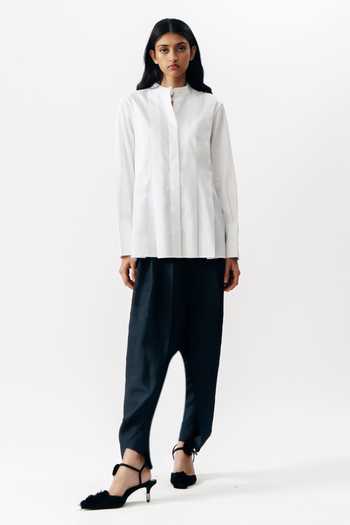 Shop_AK-OK_White Cotton Mandarin Collar Strap Detail Shirt _Online_at_Aza_Fashions