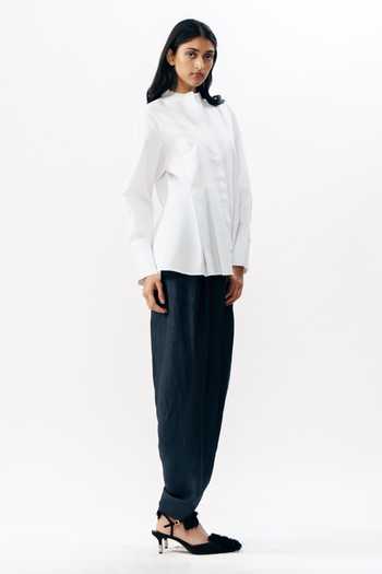 AK-OK_White Cotton Mandarin Collar Strap Detail Shirt _at_Aza_Fashions