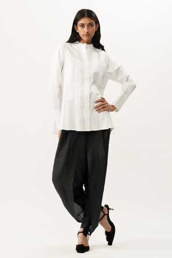 Buy_AK-OK_White Cotton Mandarin Collar Strap Detail Shirt 