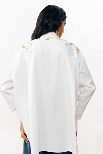 Shop_AK-OK_White Cotton Collared Neck Zari Embroidered Shirt _at_Aza_Fashions