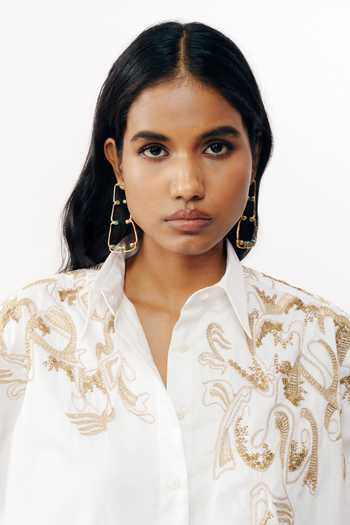 AK-OK_White Cotton Collared Neck Zari Embroidered Shirt _Online_at_Aza_Fashions