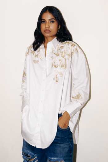 Buy_AK-OK_White Cotton Collared Neck Zari Embroidered Shirt _Online_at_Aza_Fashions