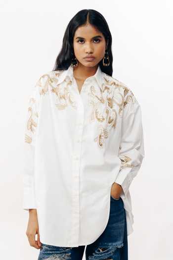 Buy_AK-OK_White Cotton Collared Neck Zari Embroidered Shirt _at_Aza_Fashions