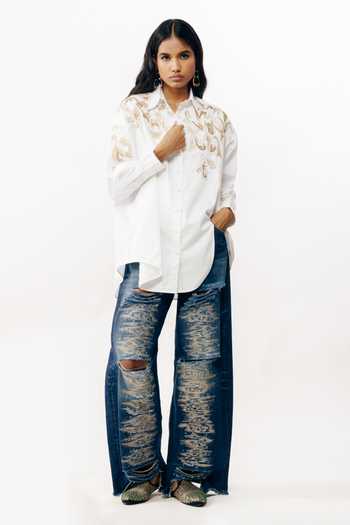 Shop_AK-OK_White Cotton Collared Neck Zari Embroidered Shirt _Online_at_Aza_Fashions