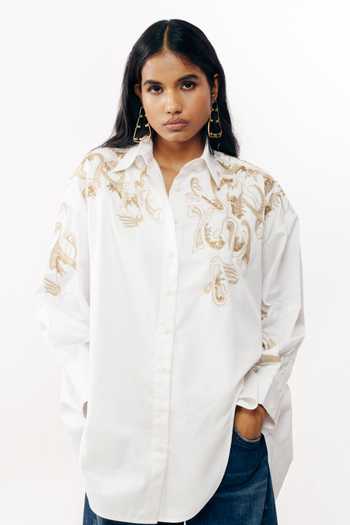 AK-OK_White Cotton Collared Neck Zari Embroidered Shirt _at_Aza_Fashions