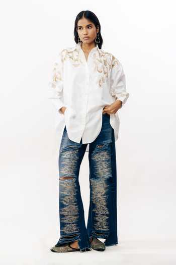Buy_AK-OK_White Cotton Collared Neck Zari Embroidered Shirt 