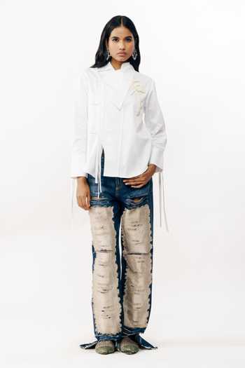 AK-OK_White Cotton Mandarin Collar Placement Embroidered Shirt _Online_at_Aza_Fashions