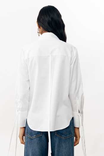 Shop_AK-OK_White Cotton Mandarin Collar Placement Embroidered Shirt _at_Aza_Fashions
