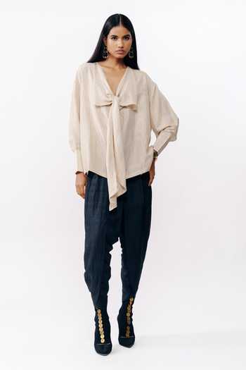 AK-OK_Peach Silk V-neck Draped Shirt _Online_at_Aza_Fashions