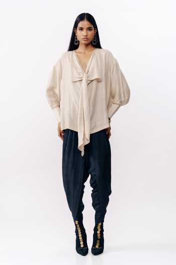 Buy_AK-OK_Peach Silk V-neck Draped Shirt _Online_at_Aza_Fashions
