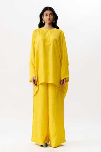 AK-OK_Mustard Silk Round Neck, Yes Boxy Kurta And Trouser Set _Online_at_Aza_Fashions