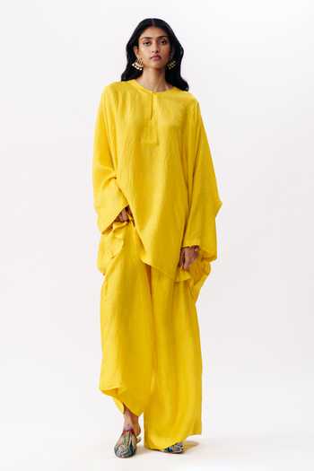 Buy_AK-OK_Mustard Silk Round Neck, Yes Boxy Kurta And Trouser Set _Online_at_Aza_Fashions
