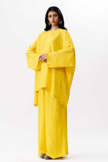 Shop_AK-OK_Mustard Silk Round Neck, Yes Boxy Kurta And Trouser Set _Online_at_Aza_Fashions