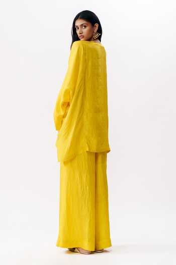AK-OK_Mustard Silk Round Neck, Yes Boxy Kurta And Trouser Set _at_Aza_Fashions
