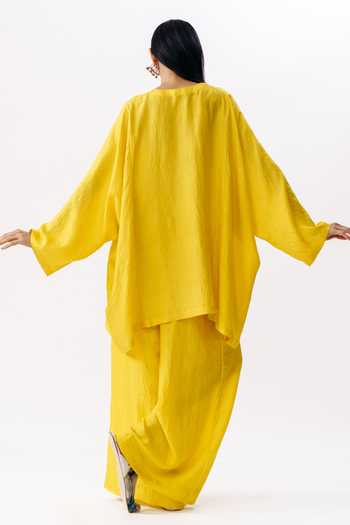 Shop_AK-OK_Mustard Silk Round Neck, Yes Boxy Kurta And Trouser Set _at_Aza_Fashions
