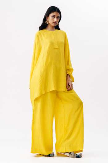 Shop_AK-OK_Mustard Silk Round Neck, Yes Boxy Kurta And Trouser Set 