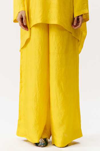 AK-OK_Mustard Silk Round Neck, Yes Boxy Kurta And Trouser Set _Online