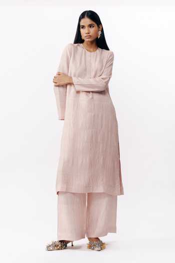 Shop_AK-OK_Pink Silk Round Neck, No Kurta And Trouser Set _Online_at_Aza_Fashions