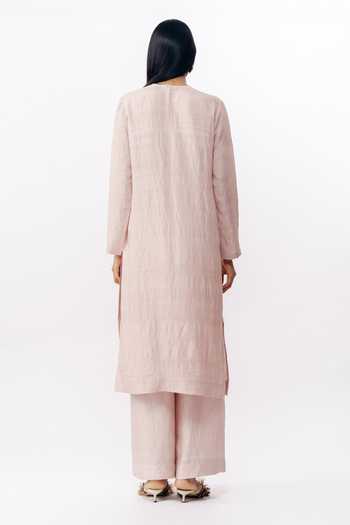 Shop_AK-OK_Pink Silk Round Neck, No Kurta And Trouser Set _at_Aza_Fashions
