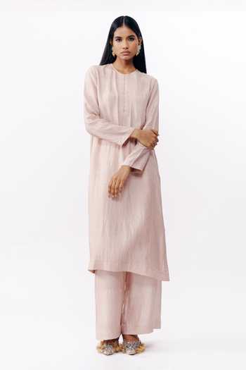 Shop_AK-OK_Pink Silk Round Neck, No Kurta And Trouser Set 