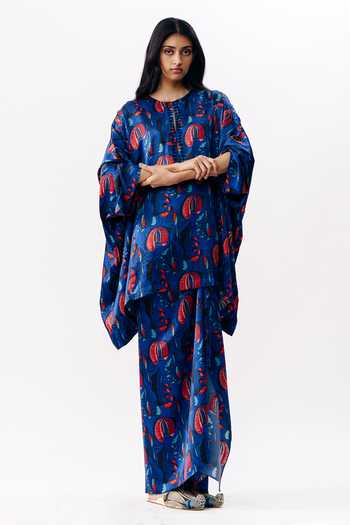 Shop_AK-OK_Multi Color Silk Round Neck Floral Print Boxy Kurta _Online_at_Aza_Fashions