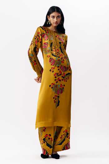 Shop_AK-OK_Multi Color Silk Round Neck, Yes Printed Kurta And Trouser Set _at_Aza_Fashions