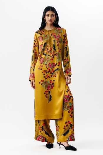 Buy_AK-OK_Multi Color Silk Round Neck, Yes Printed Kurta And Trouser Set _Online_at_Aza_Fashions