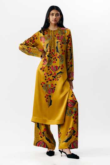 Shop_AK-OK_Multi Color Silk Round Neck, Yes Printed Kurta And Trouser Set _Online_at_Aza_Fashions