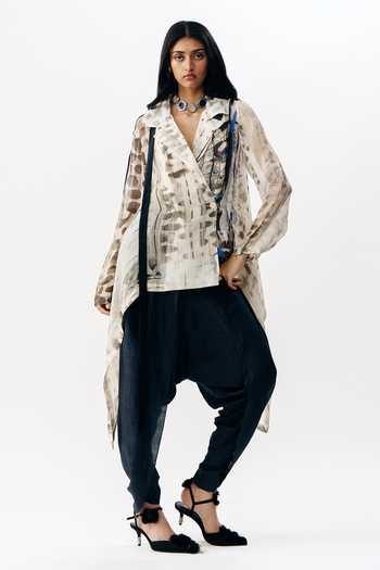 AK-OK_White Silk Collared Neck Printed Shirt _at_Aza_Fashions