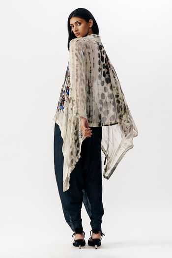 Shop_AK-OK_White Silk Collared Neck Printed Shirt _at_Aza_Fashions