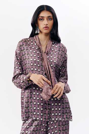 AK-OK_Multi Color Silk Open Neck Abstract Print Shirt And Pyjama Set _Online_at_Aza_Fashions