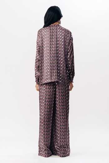 Shop_AK-OK_Multi Color Silk Open Neck Abstract Print Shirt And Pyjama Set _at_Aza_Fashions
