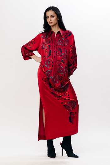 AK-OK_Multi Color Silk Button-down Neck Floral Print Shirt Dress _at_Aza_Fashions
