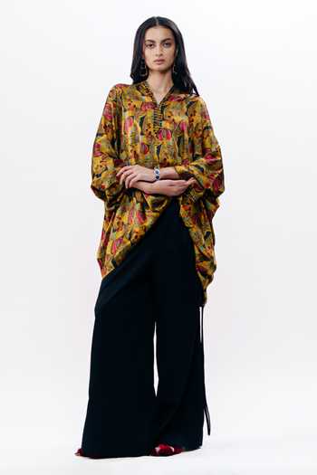 Buy_AK-OK_Mustard Silk Mandarin Collar, Yes Printed Boxy Kurta _at_Aza_Fashions
