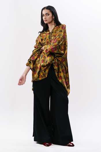 Shop_AK-OK_Mustard Silk Mandarin Collar, Yes Printed Boxy Kurta _Online_at_Aza_Fashions
