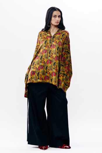 AK-OK_Mustard Silk Mandarin Collar, Yes Printed Boxy Kurta _at_Aza_Fashions