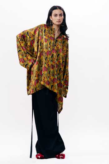 Buy_AK-OK_Mustard Silk Mandarin Collar, Yes Printed Boxy Kurta 