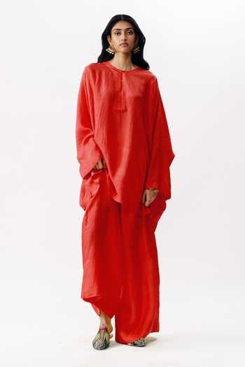 AK-OK_Red Silk Round Neck, Yes Short Boxy Kurta And Palazzo Set _Online_at_Aza_Fashions