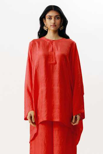Shop_AK-OK_Red Silk Round Neck, Yes Short Boxy Kurta And Palazzo Set _Online_at_Aza_Fashions