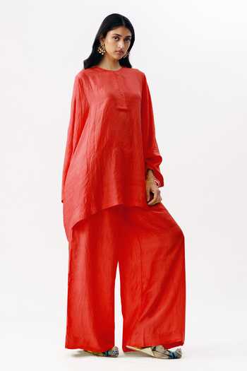 AK-OK_Red Silk Round Neck, Yes Short Boxy Kurta And Palazzo Set _at_Aza_Fashions