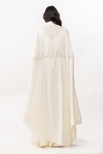 Shop_AK-OK_Ivory Silk Open Neck, Border Embroidered Cape Skirt Set _at_Aza_Fashions