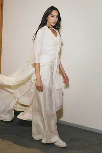 Buy_AK-OK_Ivory Silk Open Neck, Border Embroidered Cape Skirt Set 