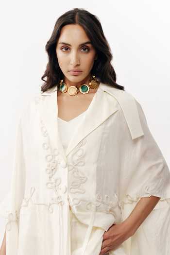 Shop_AK-OK_Ivory Silk Open Neck, Border Embroidered Cape Skirt Set 