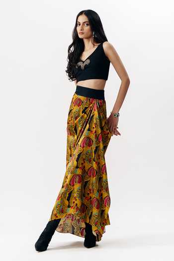 Shop_AK-OK_Multi Color Silk Printed Draped Skirt _Online_at_Aza_Fashions