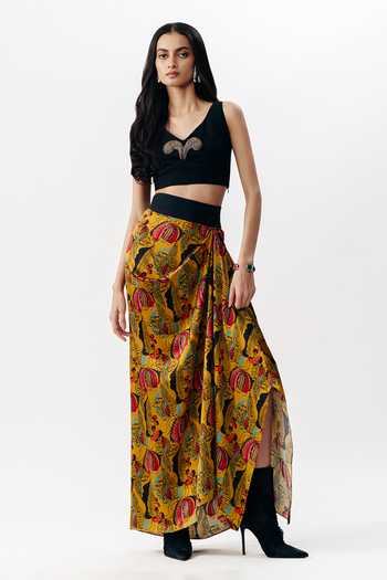 AK-OK_Multi Color Silk Printed Draped Skirt _at_Aza_Fashions